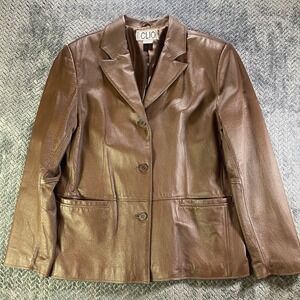 Vintage CLIO Womens Genuine Brown Leather 3 Button Full Lined  Jacket Large